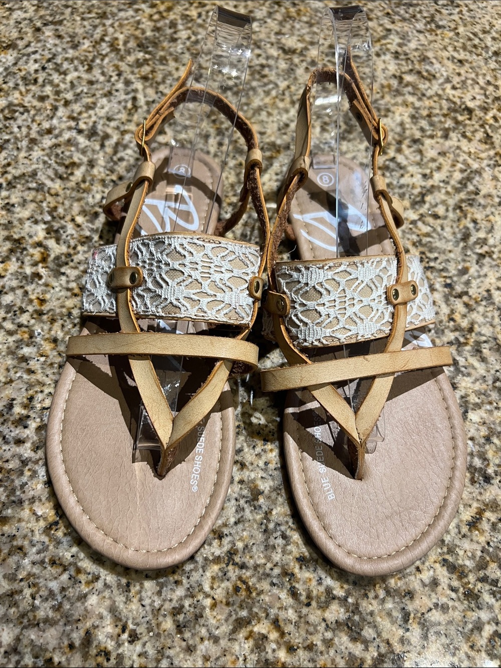 Lace-Accent Tan Women’s T-Strap Sandals
